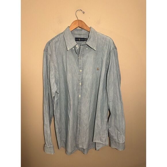Polo Ralph Lauren Shirt Mens Light Denim Long Sleeve Classic Button Down XXL 2XL - Picture 2 of 5
